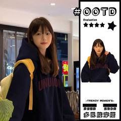 美式连帽印花卫衣女藏青色加绒宽松上衣潮