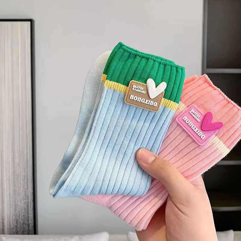 多巴胺女袜子四季款中长筒堆堆袜薄款粉短袜拼色刺绣Socks跨境夏|undefined