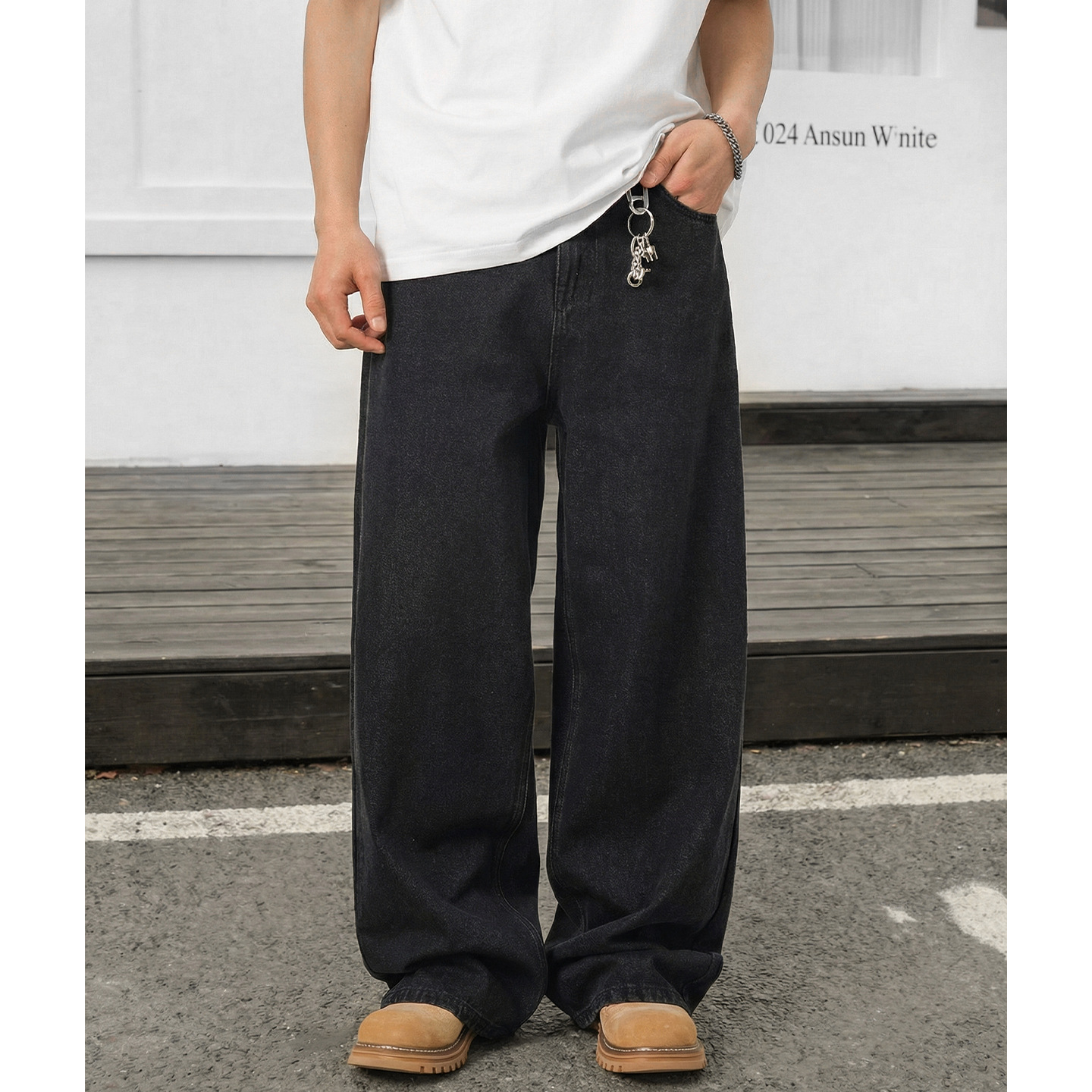 Vintage Washed Black Denim Jeans For Men - Relaxed Fit Straight Leg Casual Trousers With High Street Style_mkmklike.com