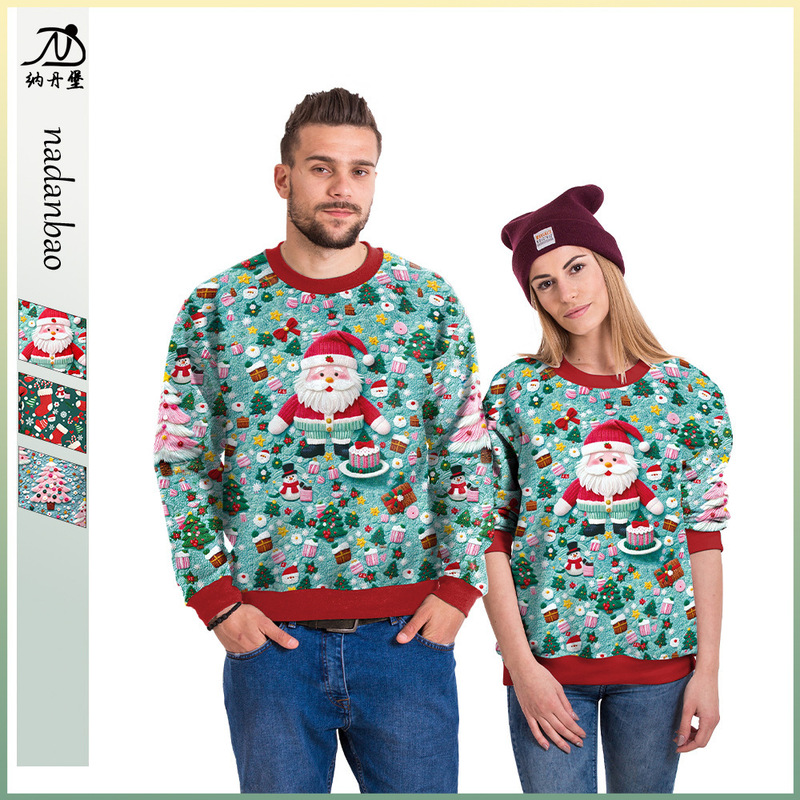 New Christmas Couple Sweatshirt Autumn Pink Christmas Tree Red Socks Santa Claus 3D Digital Printed Top