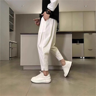 Summer Thin Ice Silk Slit Nine-Point Pants for Men, Black Warrior Loose Casual Pants for Small Feet, Fashionable and Handsome Harem Pants