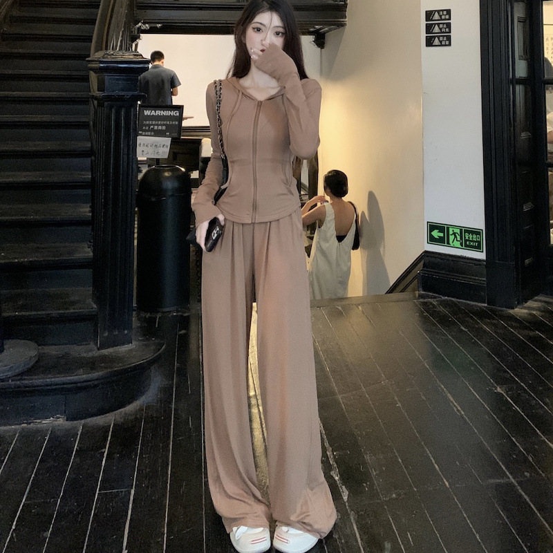 纯欲风春秋新款修身显瘦连帽开衫长袖上衣外套阔腿长裤时尚两件套|undefined