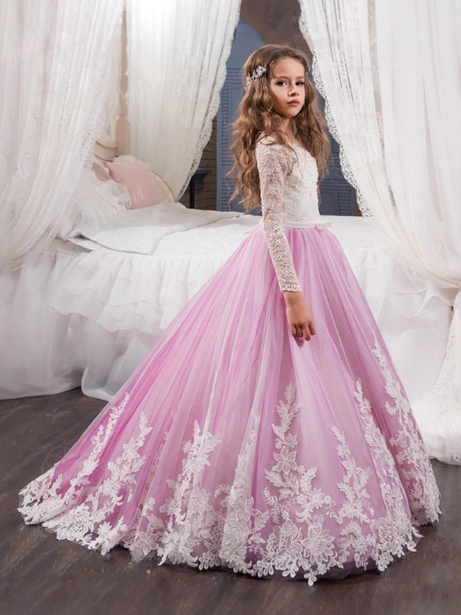 Ropa transfronteriza para niños nuevos Comercio exterior Encaje europeo y americano Manga larga Pequeño vestido de novia de niña de flores pequeñas Pettiskirt de niñas