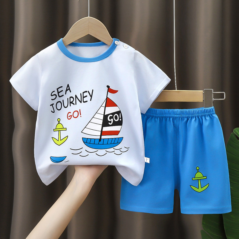 New Children's Short-sleeved suit Class A Cotton Summer Shorts for Boys and Girls Two-piece Baby Cartoon T-shirt Wholesale