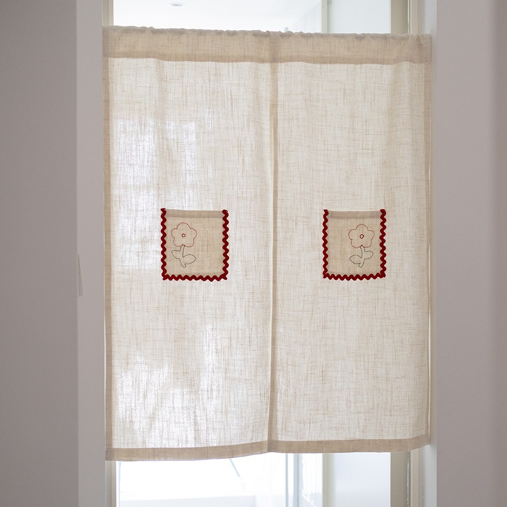 Hegaly Little Red Flower Japanese Linen Panel Bedroom Door Curtain Vintage Embroidery No-Punch Partition Light-Transmitting Privacy