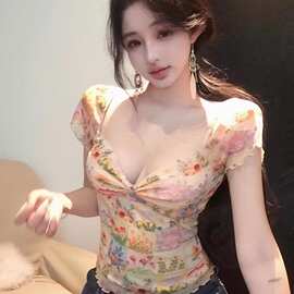 卓泽网批【原版网纱面料】复古夏季新款辣妹性感小众修身显瘦上衣
