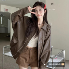 复古美式咖色皮衣夹克外套女春秋季甜酷风机车PU皮宽松长袖上衣潮