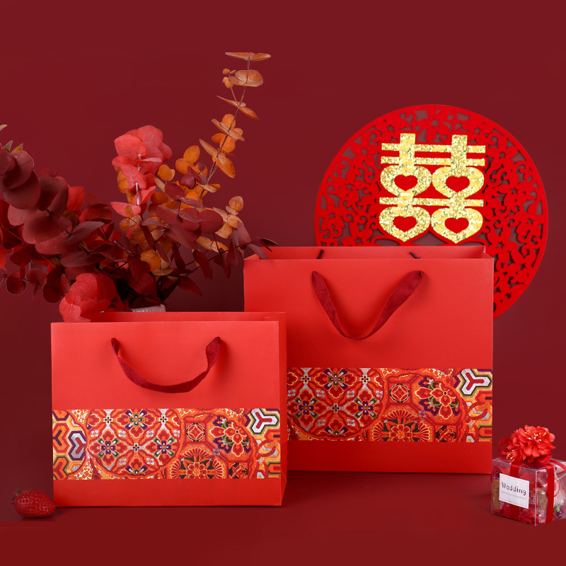 Creative Chinese Style Red Gift Paper Bag Large Holiday Handbag Return Gift Bag Gift Packaging Bag Wholesale