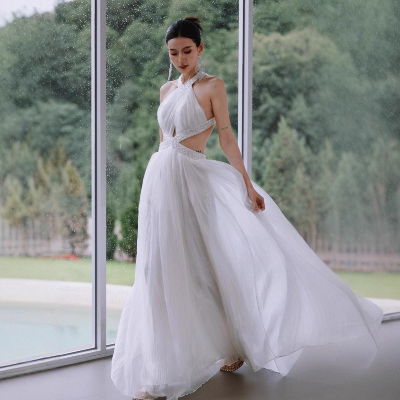 White Dress with Criss-Cross Backless Design, Flowing Little White Dress with Beaded Embellishments, Long Style, High-End, Light Luxury, Niche