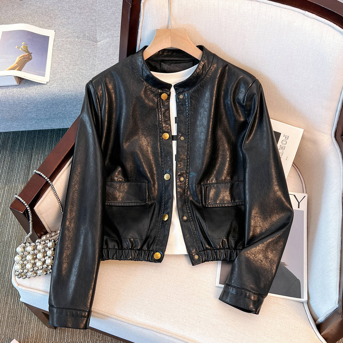 Black Small Stand-Up Collar Pu Leather Jacket Women's Short 2025 Early Spring and Autum New Cool Motorcycle Jacket