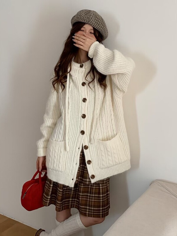 美式复古慵懒风连帽毛衣外套女秋冬季新款学院风宽松休闲针织开衫|undefined