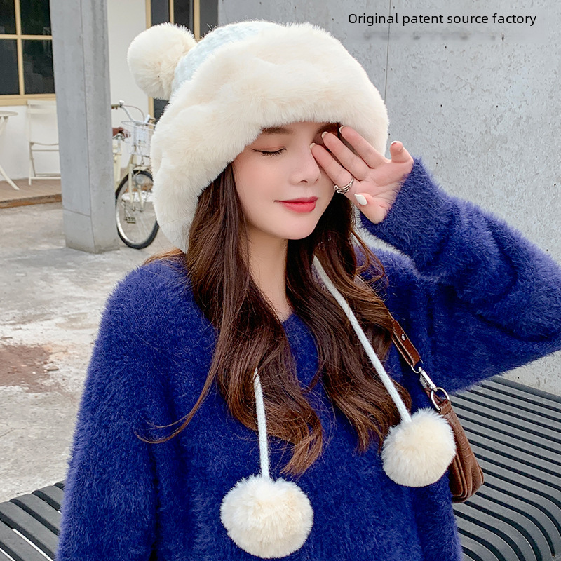 Nieuwe dames herfst en winter zoete harige bal Koreaanse versie van de muts Outdoor Plus fluwelen warme wollen muts groothandel_voghion.com