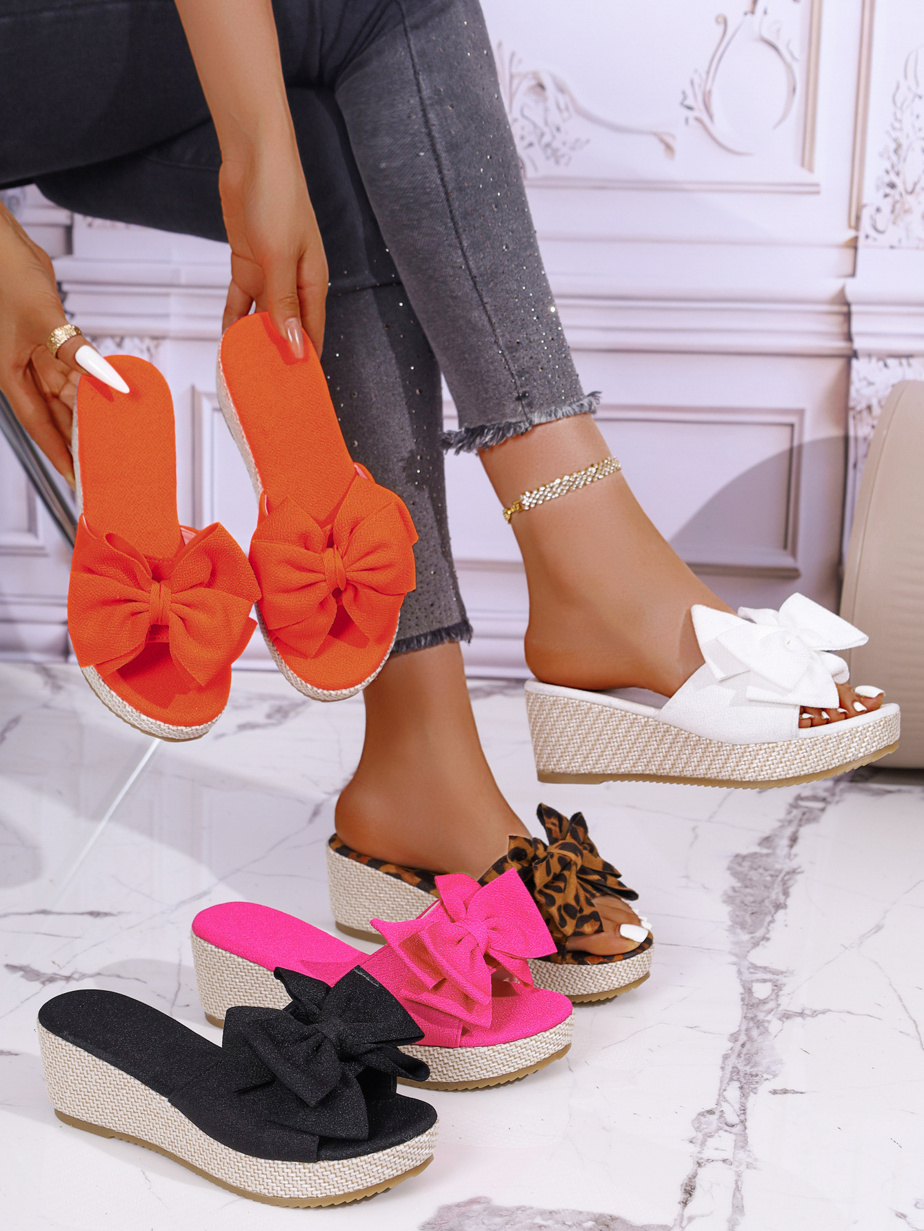 Women's Summer Bow Wedge Sandals European And American Style Thick Sole Platform Fabric Plus Size New Style_vogvips.com