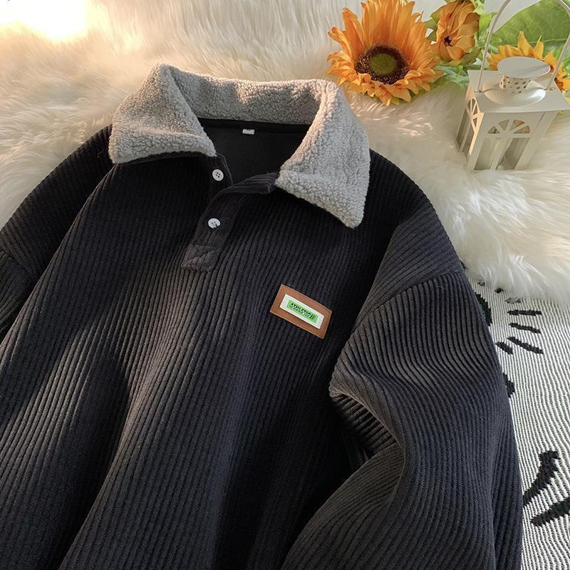 Corduroy Polo Collar Sweatshirt Men's Autumn and Winter Fleece-Lined Thickeneded Lamb Wool Jacket Men's Winter Hong Kong Style Teenagers