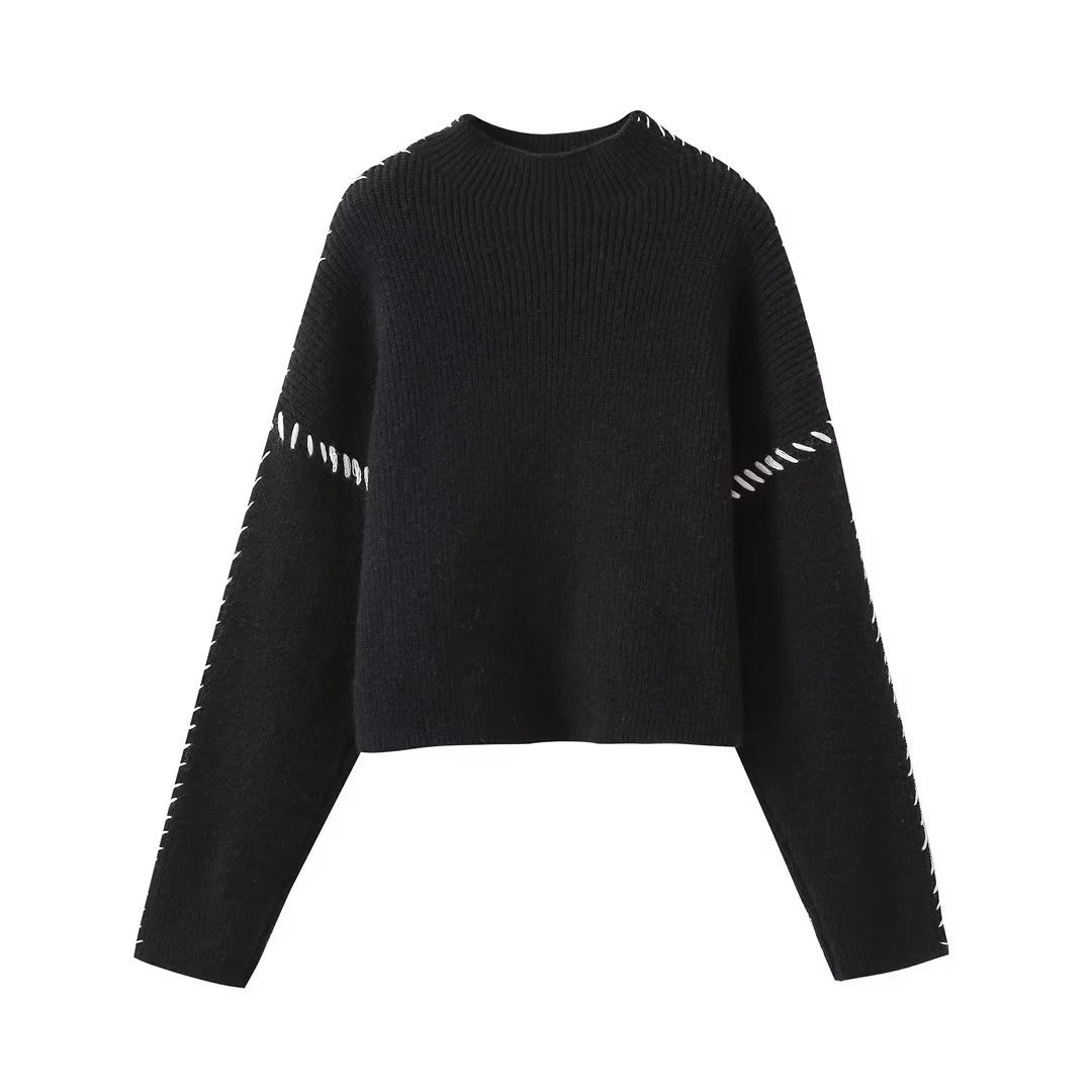 Pull à col rond pour femme, chaud et polyvalent, pull patchwork de couleurs contrastées, nouvelle collection automne et hiver_voghion.com