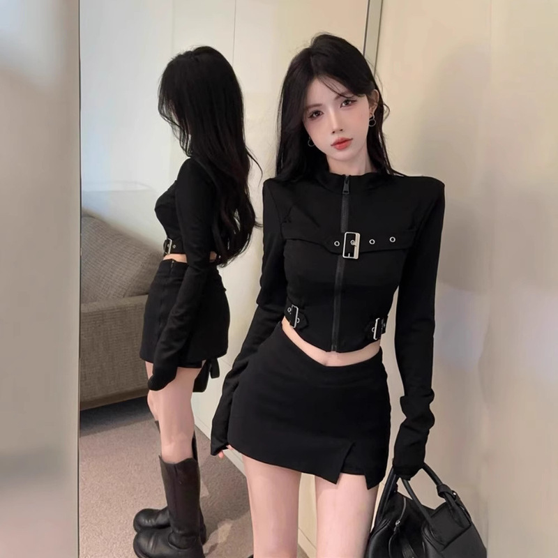 Black High-end Niche Spice Girls Long-sleeved T-shirt Women's Autumn and Winter Metal Snap Strap Collar Zipper Base Top