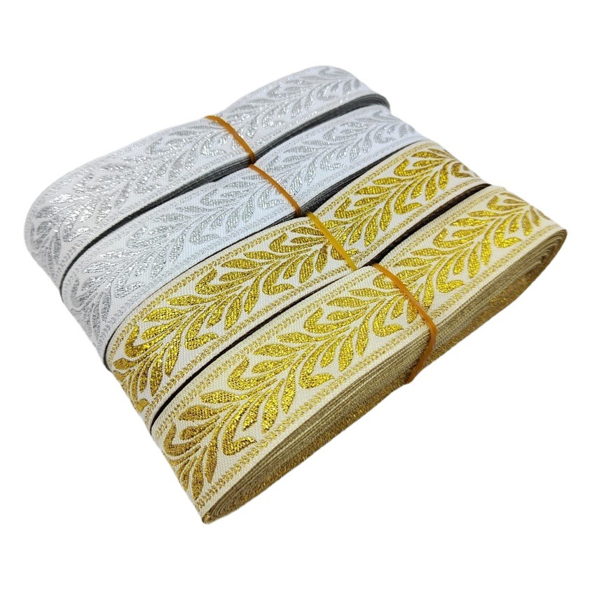 En stock ropa al por mayor textil hogar cortina TRIM 2,5 cm estilo étnico Ordenador de encaje oro y plata seda hoja sauce jacquard cinturón