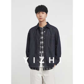 亦止假两件收口袖拼接秋季日系复古水洗夹克男士牛仔宽松日系翻领