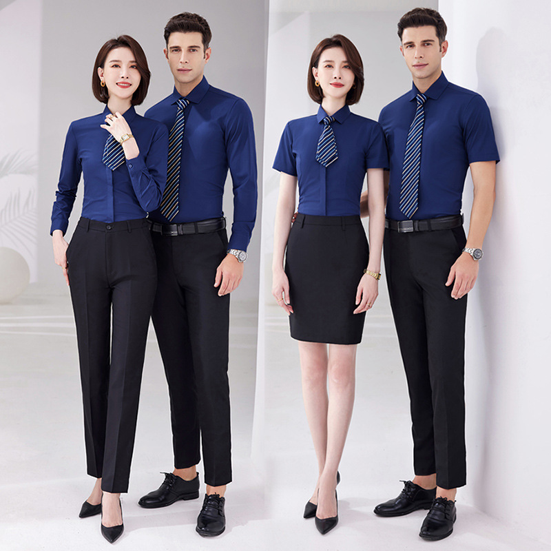 Men and women with the same shirt sales business attire hotel manager work clothes teacher light blue shirt embroidered logo