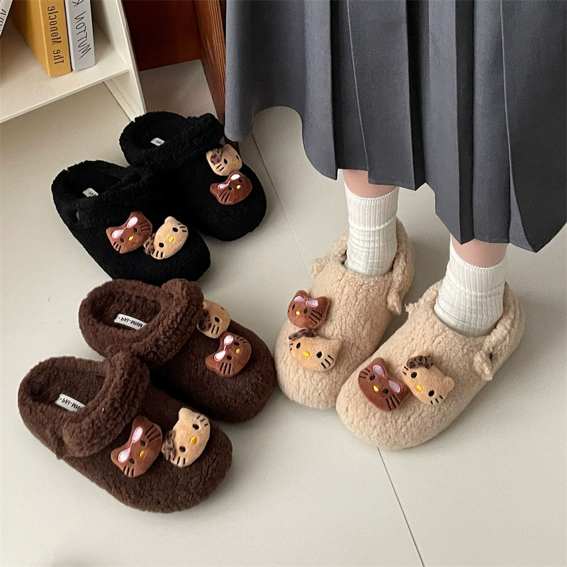 Мультфильм милая сетка красная толстая подошва шерстяные тапочки женские наружные носить 2024 новые осенние и зимние увеличенные бархатные теплые булочки