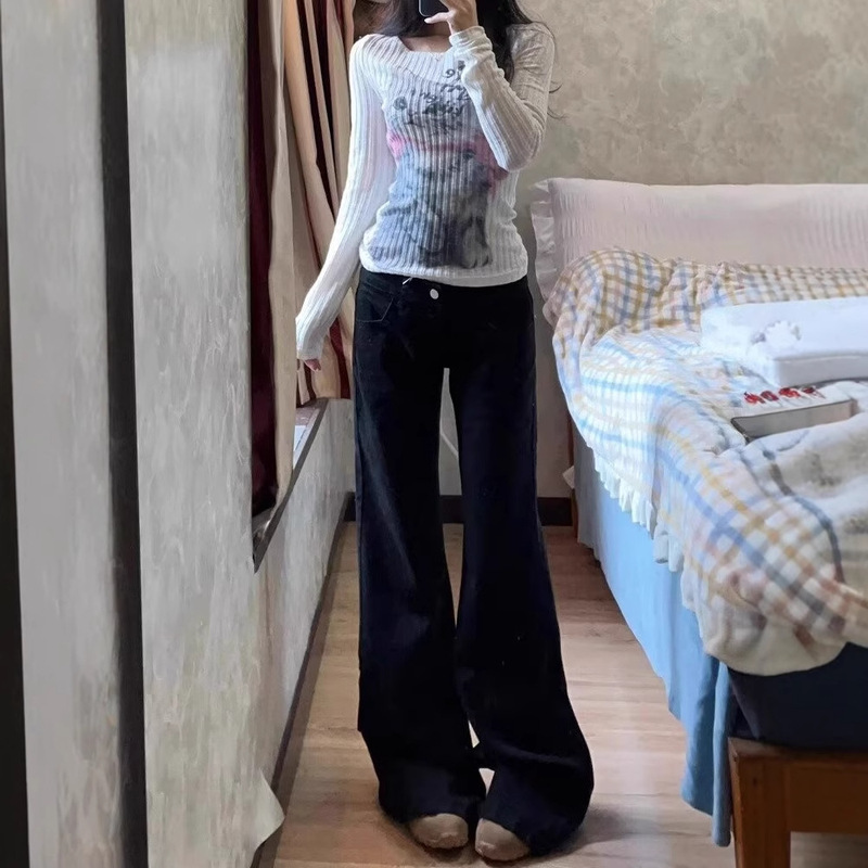 Hot Girl Low-rise Black Micro-flare Jeans Women's Autumn New Loose Slimming All-match Wide-leg Straight Long Pants