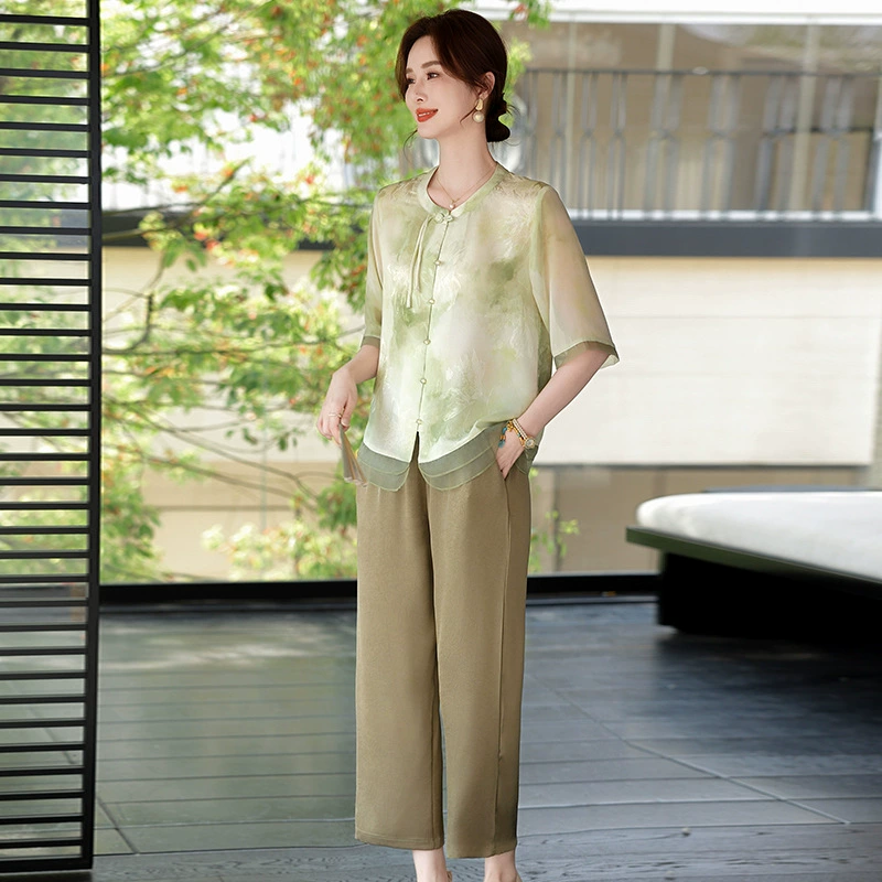 Мама Летний китайский костюм топ стильный средний рукав модный новый средний и пожилой летний китайский стиль