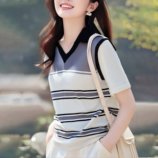 New Pullover Casual Style Design Spring and Summer Contrasting Stripes Fake Two-Piece Preppy Style Short-Sleeved T-Shirt Tops Hot Style