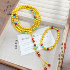 ミドルチェーン手作り古代サンドゴールドつや消しマルチサークル仏ビーズブレスレットネックレス女性の新しい中国風の降魔杵ゴールドビーズブレスレット