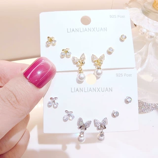 韩版蝴蝶结新款高质量精致一卡三对耳钉套装轻奢高级感耳饰品批发