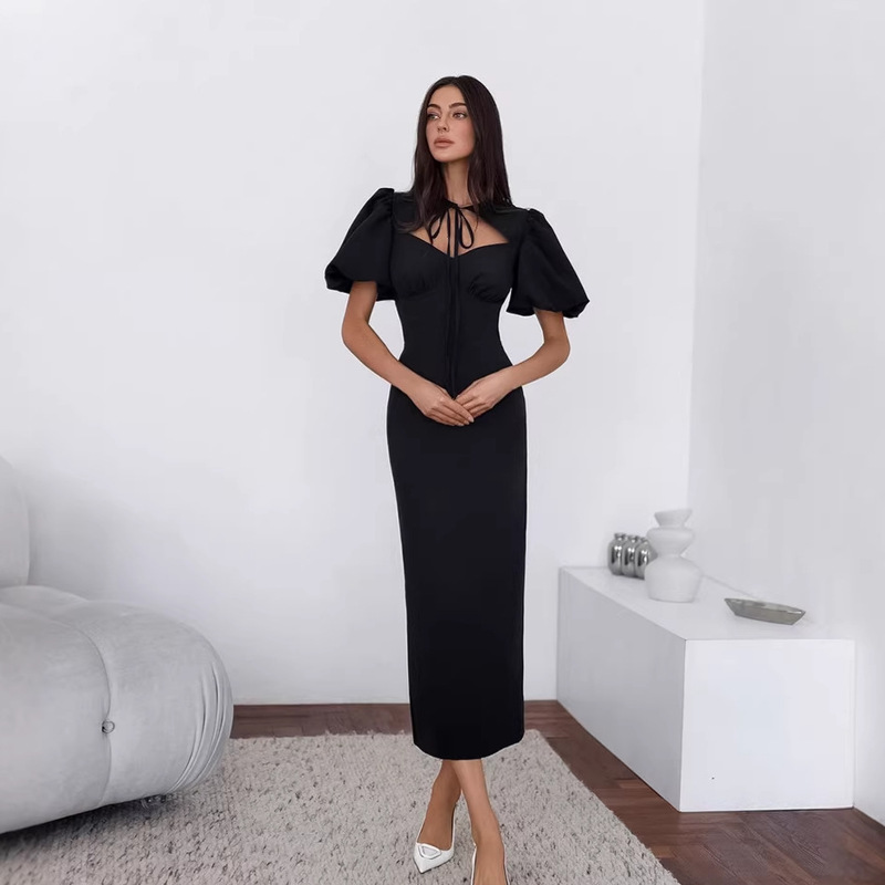 French-Style Elegant Dress for Women, Summer 2026, European and American Cross-Border Design, Tie-Neck, Waist-Cinching, Long Puff Sleeves