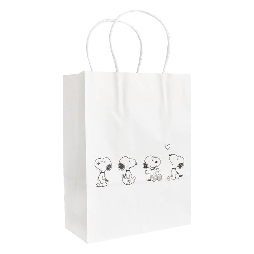 Fabricante en stock Snoopy dibujos animados Blanco Bolsa de papel kraft Lindo bolso de alto aspecto bolsa de regalo bolsa de ropa bolso de mano