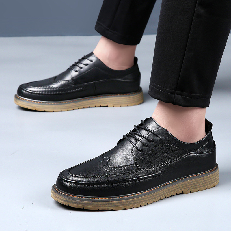zapatos de cuero de correa baja ropa formal de hombre de negocios de cuero real aumento traje casual negro bloque tallado zapatos de hombre