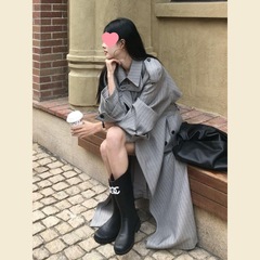 韩系高级感条纹风衣外套女2025秋季新款宽松系带中长款慵懒风大衣