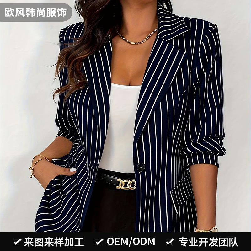 Customized Plus-Size Women's Vertical Stripe Blazer with Lapel, Single Button, Rolled Sleeves, Professional Outerwear, Business Suit Jacket, Slimming Effect