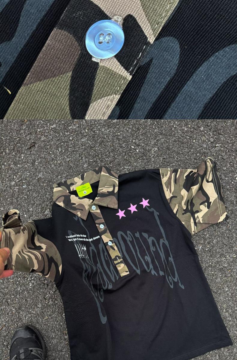 Men's Clothing Men's Hip Hop Camouflage Patchwork Collared Short Sleeve T-Shirt Trendy Streetwear Loose Fit Casual Five Quarter Sleeve For Couples_viptrois.com