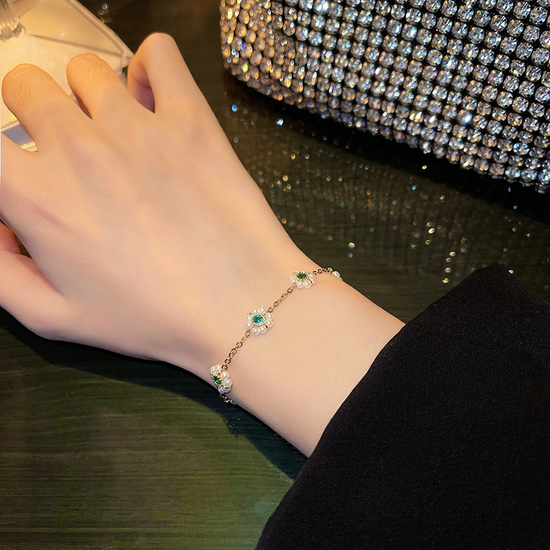 Internet Celebrity Fashion ins Style Emerald Zircon Bracelet Trendy Simple Pearl Bracelet Niche Design Titanium Bracelet