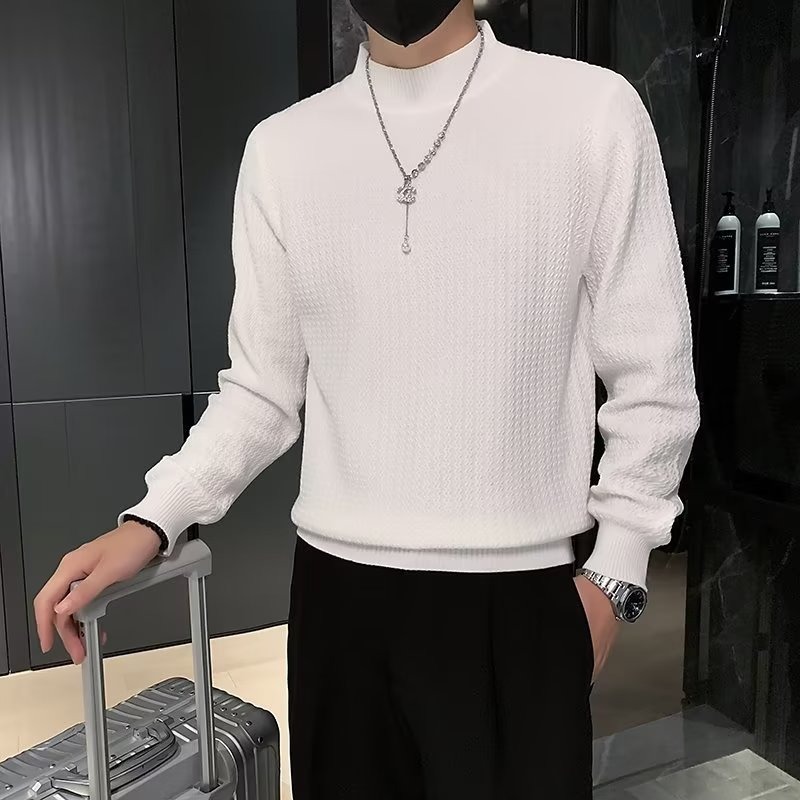 Half-Turtleneck Sweater for Men, Korean Style, Slim Fit, Knitted Base Layer, Versatile Solid Color Knitwear, Simple and Versatile