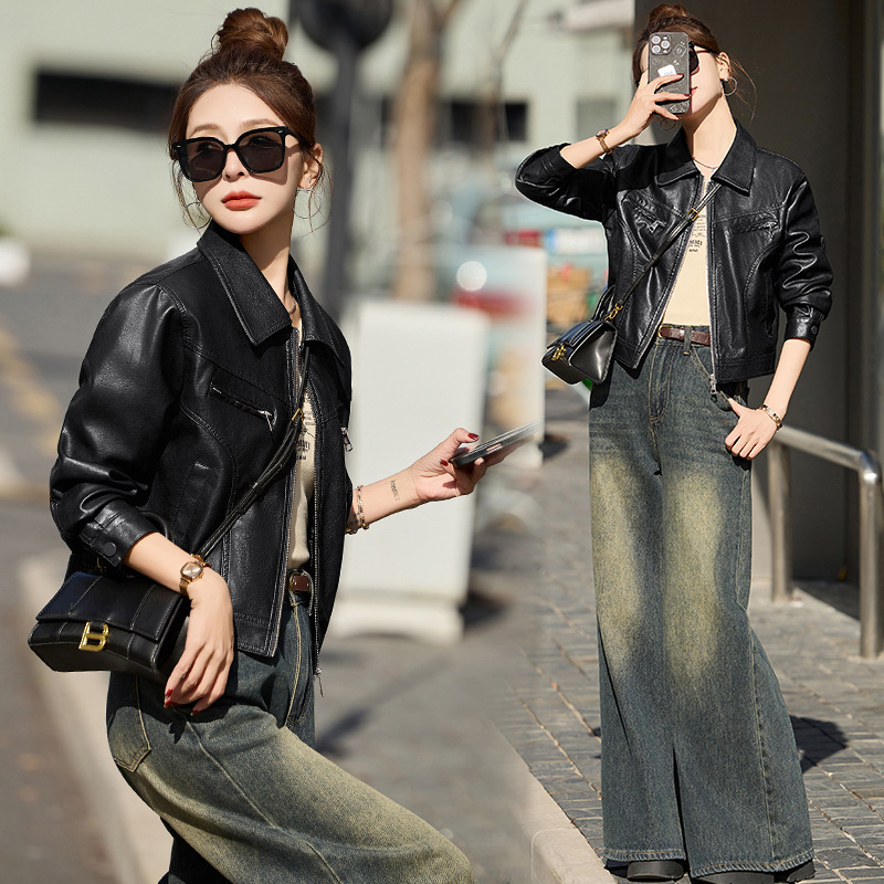 2025新款绵羊皮皮衣女时髦显高显瘦百搭机车服女士时尚翻领皮外套|undefined