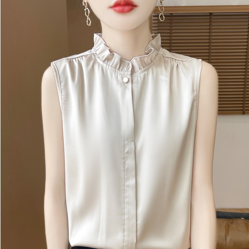 Chinese-style Acetate Satin Sleeveless Shirt Women's Inner Shirt Vest Base Cardigan National Style Wood Ear Collar Top White