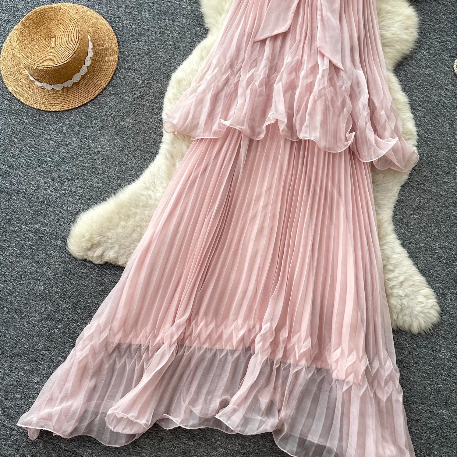 French Style Women's Halter Neck Dress Sleeveless Sweet Youthful Pleated High Waisted Cake Skirt Long Summer Fairy Vacation Dress_ecoleips.com