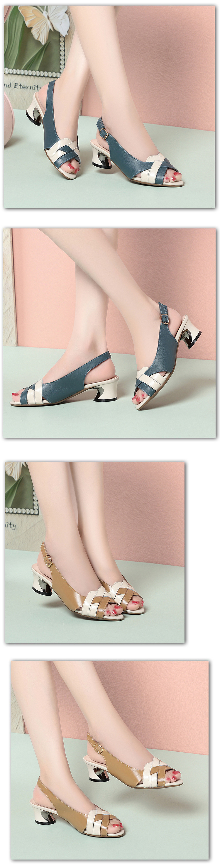 Sandal cao gót hở mũi da thật nữ gót vuông đế thô — Màu đen chi tiết 4
