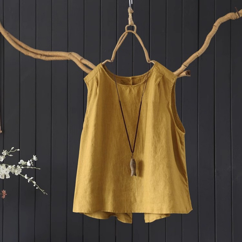 Versatile Artistic Round Neck Pullover Vest for Women, Summer Cool 100% Linen Solid Color Base Shirt
