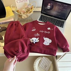 儿童两种色立体玩偶长袖套装潮童时髦运动服俩件装男女童圆领百搭
