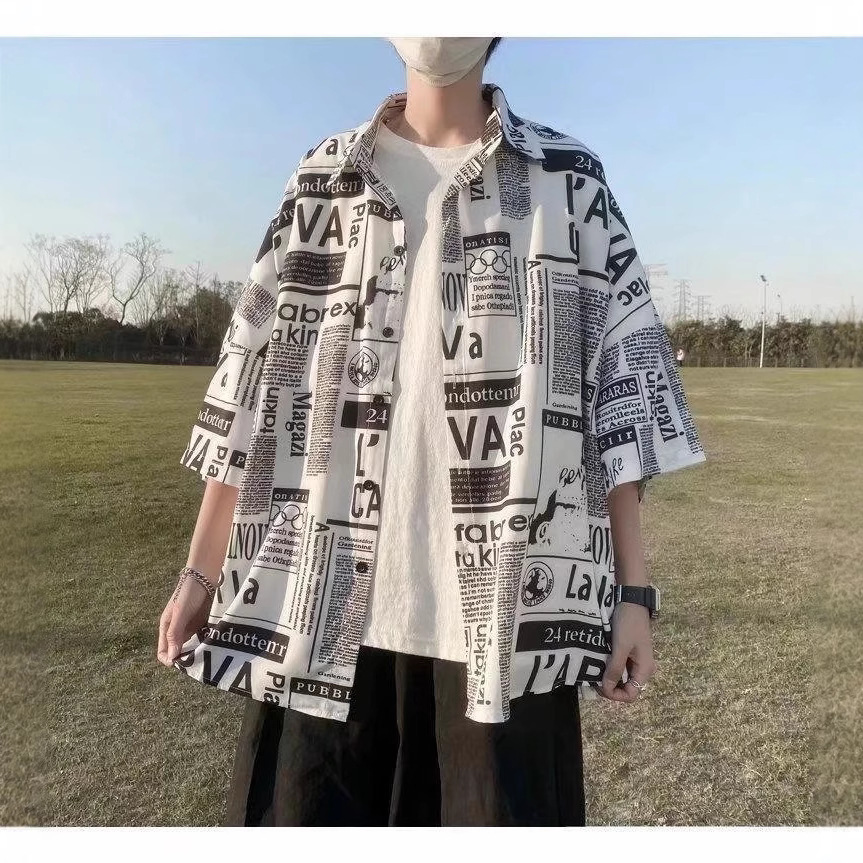 Newspaper Short-Sleeved Shirt for Boys Summer Thin Floral Shirt Trendy Brand Loose Shirt Korean Style Trendy Quarter-Sleeved Jacket
