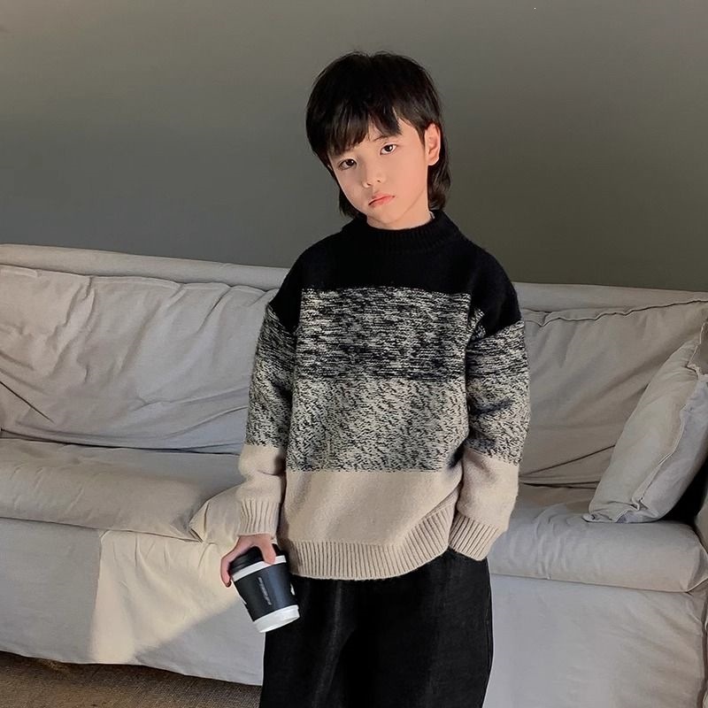 复古拼色中大毛衣男童秋冬儿童冬装加厚套头针织衫上衣宝宝打底装