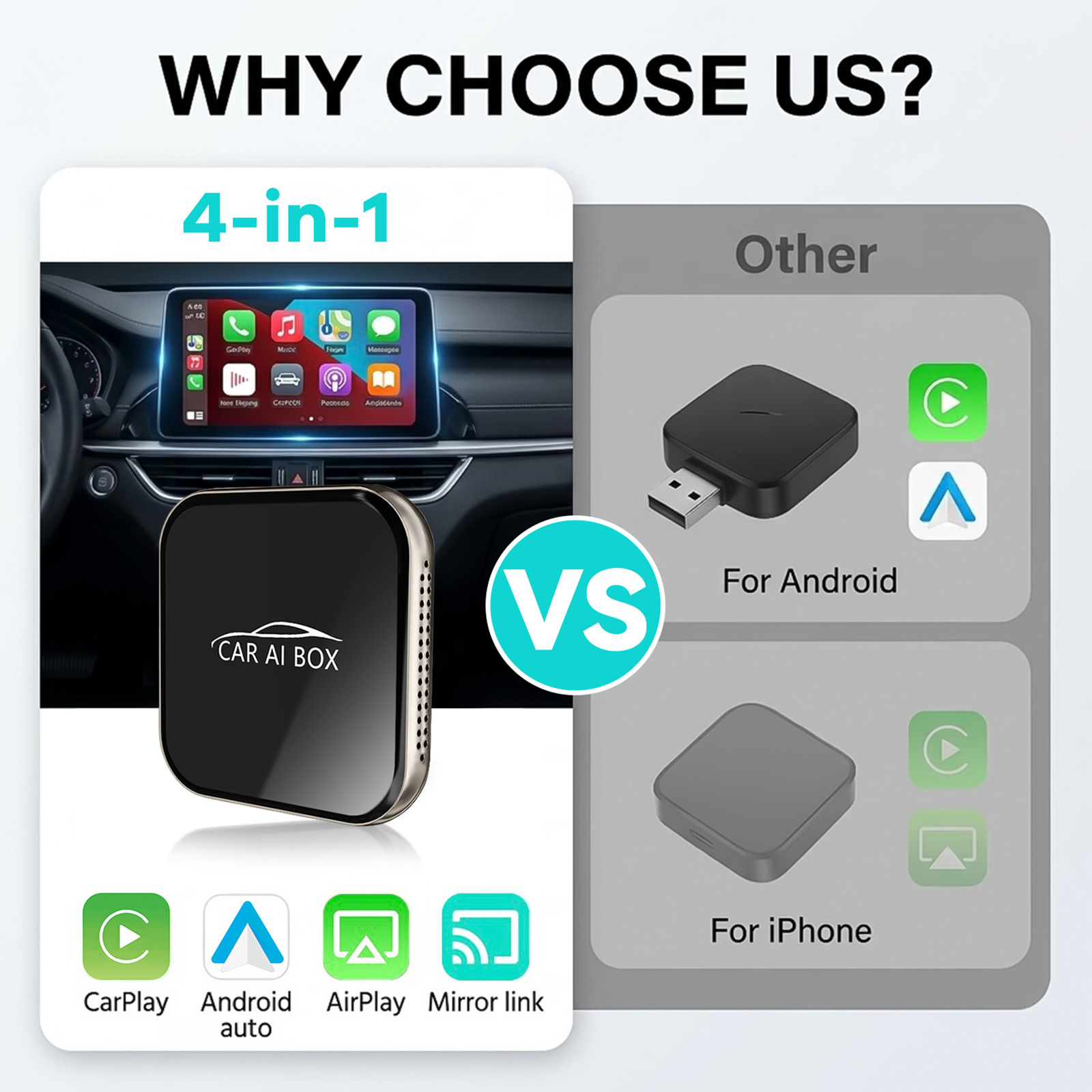 Four-in-one car wireless CarPlay box, wired to wireless, Android and Apple screen mirroring and interconnection module