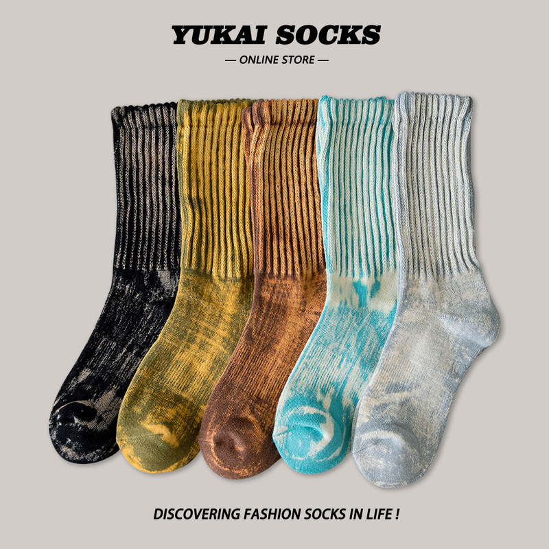 Trendy waste soil industrial style tie-dyed towel bottom thickened socks men and women autumn and winter Internet celebrity faded distressed mid-calf socks fashion
