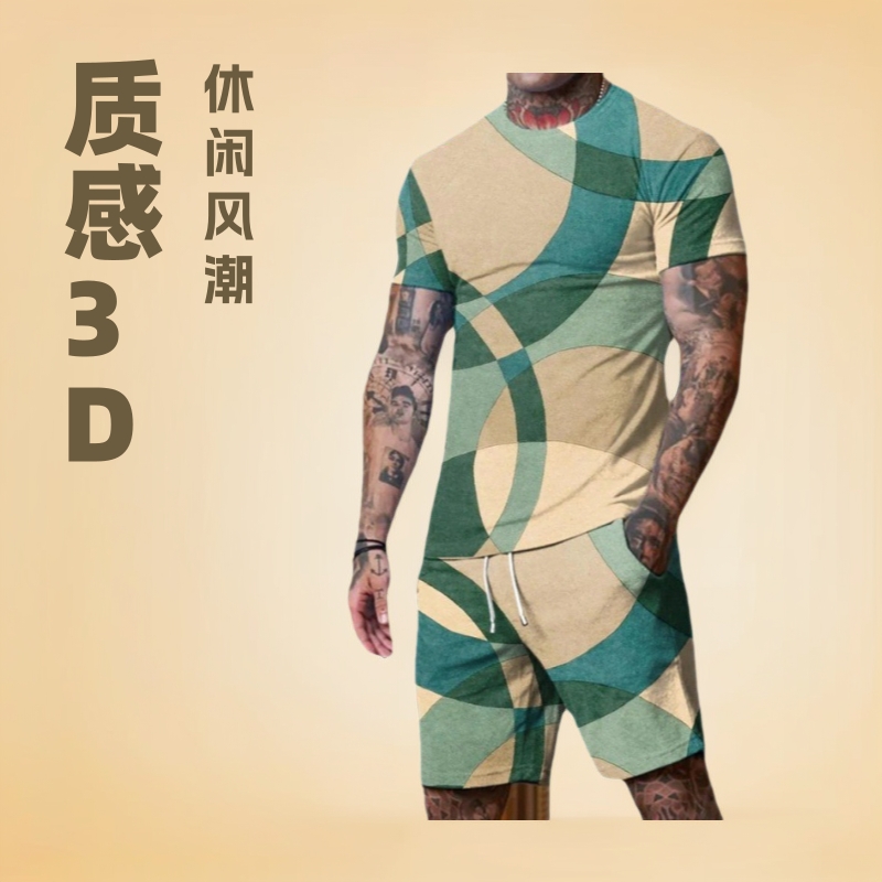 독립 역 새로운 유럽과 미국의 여름 남성 패션 레저 비치 스타일 3D 디지털 인쇄 티셔츠 반바지 세트