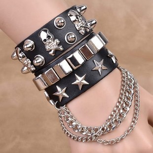 European and American fashion retro multi-layer PU wide leather five-pointed star bracelet domineering skull rivet punk hip-hop bracelet jewelry