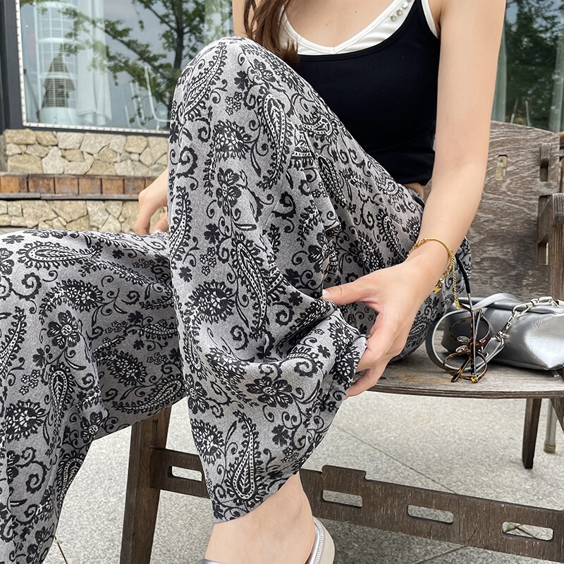 复古印花缎面冰丝裤子女夏季薄款腰果花窄版宽松阔腿裤遛弯防晒裤|undefined